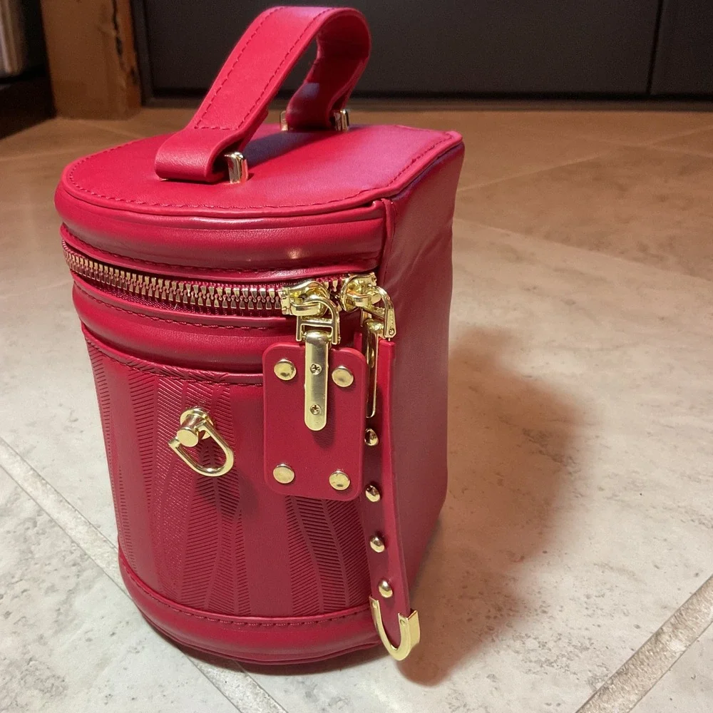Red Textured Cylinder Bucket Bag Gold Studded Crossbody Top Handle Vanity Purse